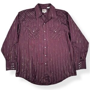 Ely Cattleman Mens XL Western Snap Shirt Burgundy Metallic Gold Silver Pinstripe